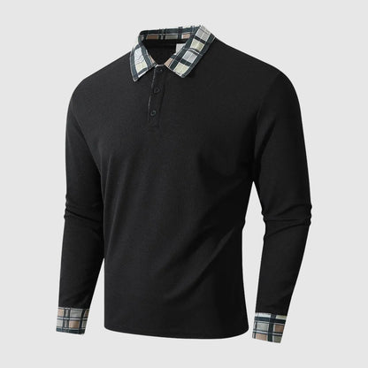 Theodore Cotton Ribbed Long Sleeve Polo Shirt | Check Collar Shirt