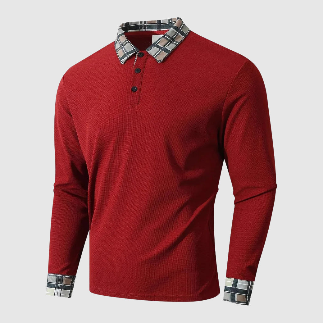 Theodore Cotton Ribbed Long Sleeve Polo Shirt | Check Collar Shirt