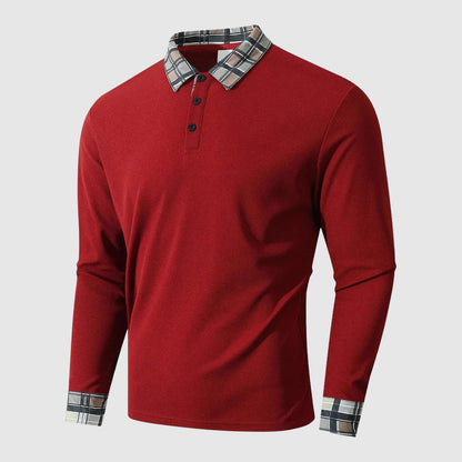 Theodore Cotton Ribbed Long Sleeve Polo Shirt | Check Collar Shirt