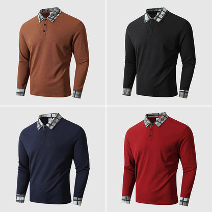 Theodore Cotton Ribbed Long Sleeve Polo Shirt | Check Collar Shirt