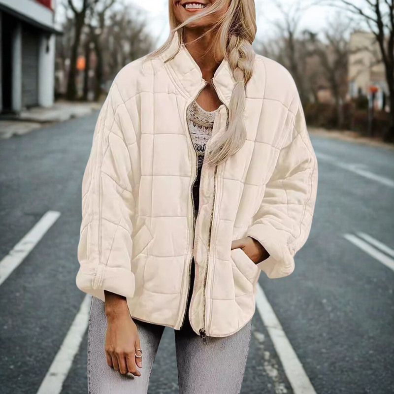 Amelia Cotton Quilted Bomber Jacket | Oversized Stand-Up Collar Jacket