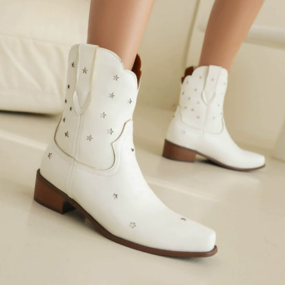 Isabella Leather Snip Toe Western Ankle Boots | Star Studded Low Heel Boots
