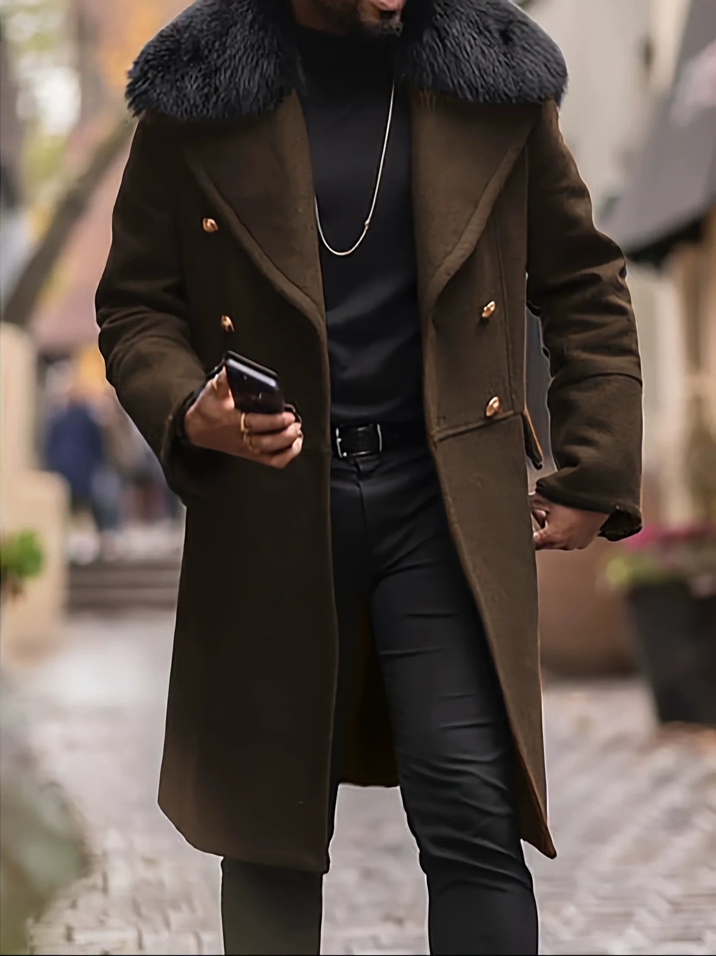 George Wool Double-Breasted Overcoat | Fur Collar Mid-Thigh Overcoat