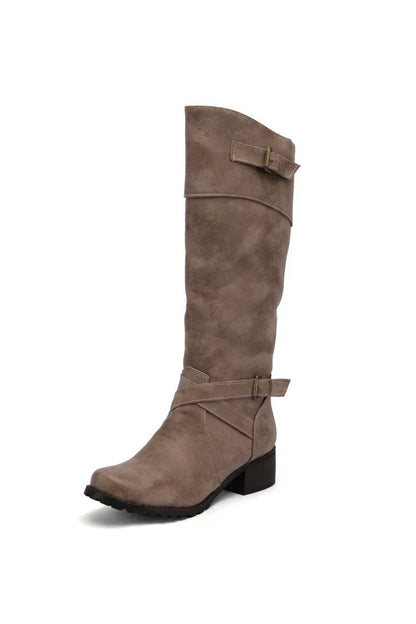 Isabella Leather Buckled Knee-High Boots | Low Heel Boots