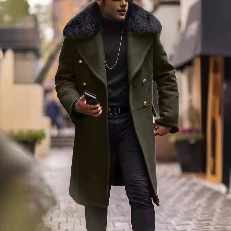 George Wool Double-Breasted Overcoat | Fur Collar Mid-Thigh Overcoat