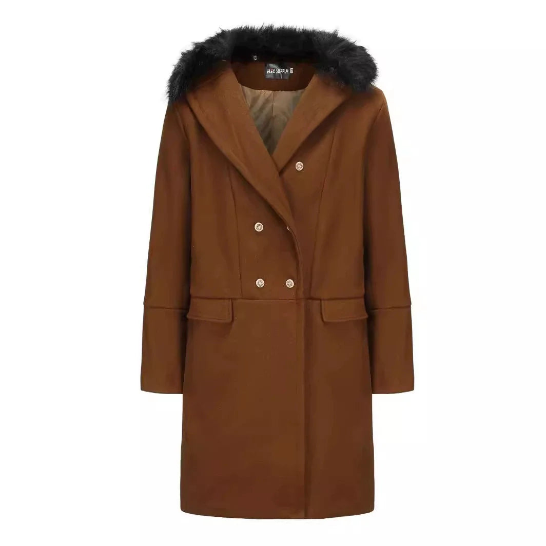 George Wool Double-Breasted Overcoat | Fur Collar Mid-Thigh Overcoat