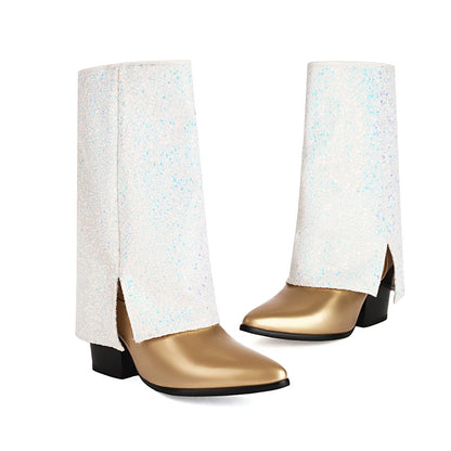 Isabella Leather Mid-Calf Boots | Glittered Pointed Toe Boots
