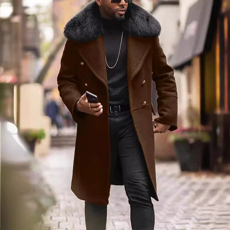 George Wool Double-Breasted Overcoat | Fur Collar Mid-Thigh Overcoat