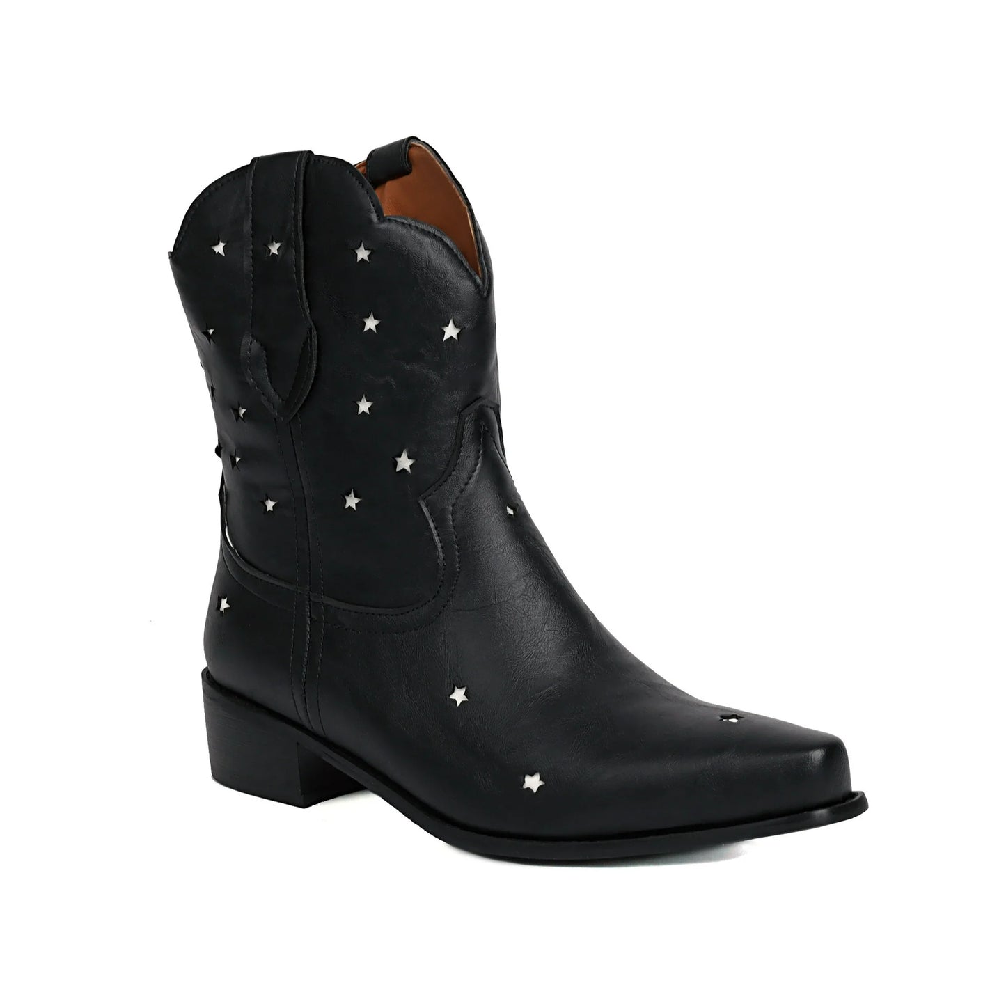 Isabella Leather Snip Toe Western Ankle Boots | Star Studded Low Heel Boots