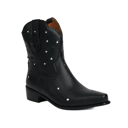 Isabella Leather Snip Toe Western Ankle Boots | Star Studded Low Heel Boots
