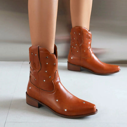 Isabella Leather Snip Toe Western Ankle Boots | Star Studded Low Heel Boots