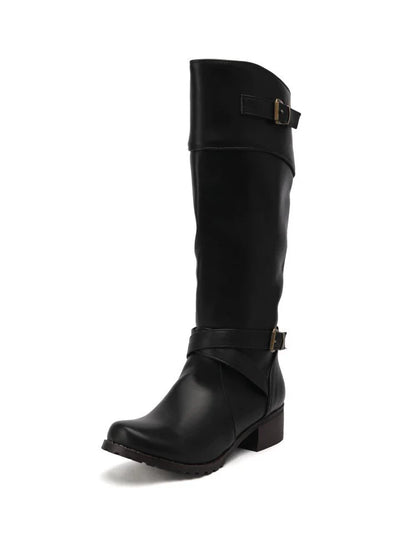 Isabella Leather Buckled Knee-High Boots | Low Heel Boots