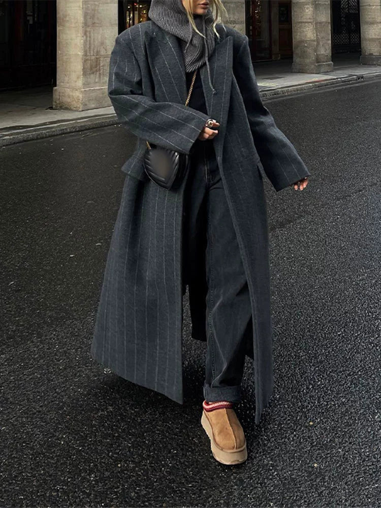 Elisa Wool Pinstriped Long Coat | Notched Lapel Oversized Coat