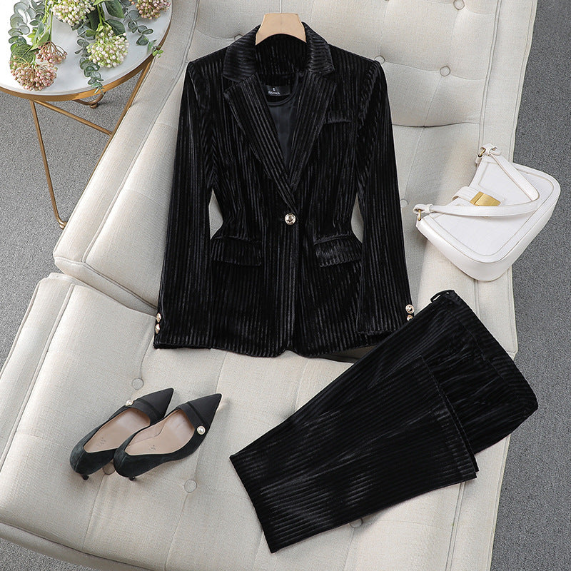 Isabella Corduroy Tailored Pantsuit | Single-Breasted Business Casual Set