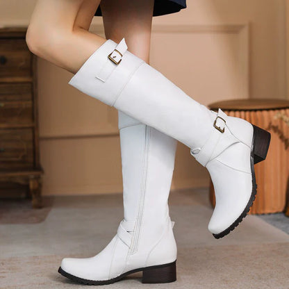 Isabella Leather Buckled Knee-High Boots | Low Heel Boots