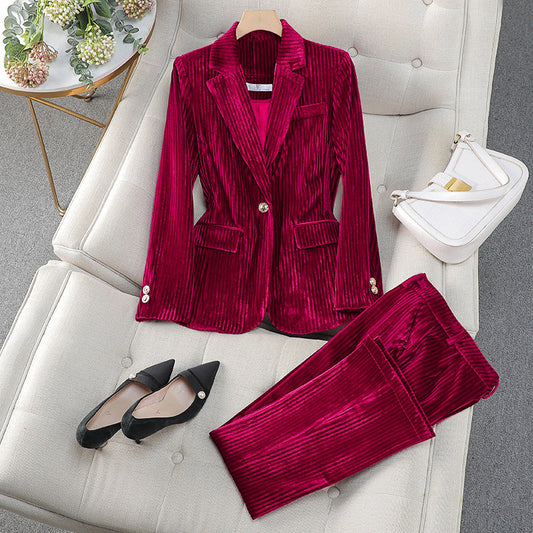 Isabella Corduroy Tailored Pantsuit | Single-Breasted Business Casual Set