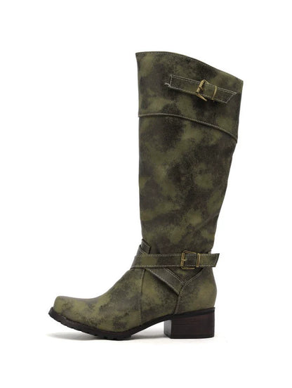 Isabella Leather Buckled Knee-High Boots | Low Heel Boots