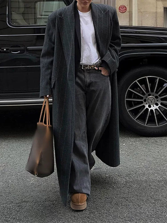 Elisa Wool Pinstriped Long Coat | Notched Lapel Oversized Coat