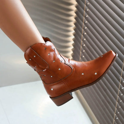 Isabella Leather Snip Toe Western Ankle Boots | Star Studded Low Heel Boots