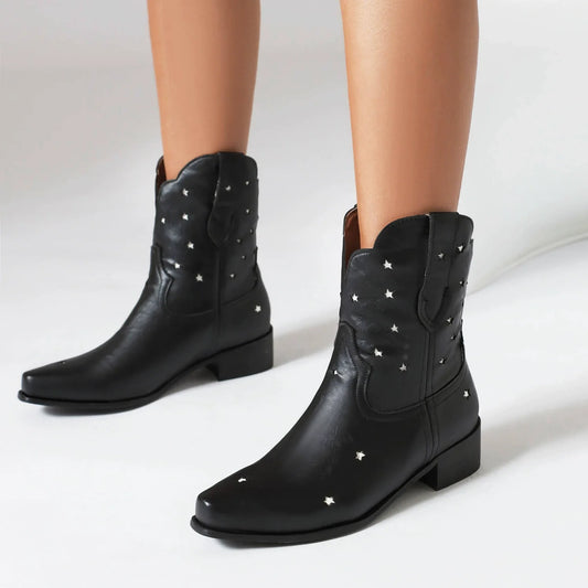 Isabella Leather Snip Toe Western Ankle Boots | Star Studded Low Heel Boots