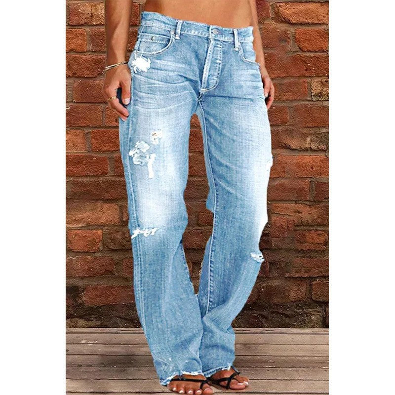 Silvia Denim Relaxed Fit Flared Jeans | Distressed Raw Hem Jeans