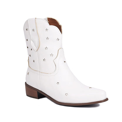 Isabella Leather Snip Toe Western Ankle Boots | Star Studded Low Heel Boots