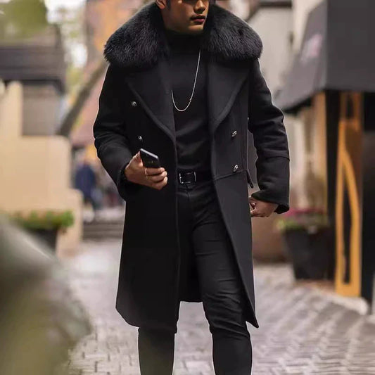 George Wool Double-Breasted Overcoat | Fur Collar Mid-Thigh Overcoat