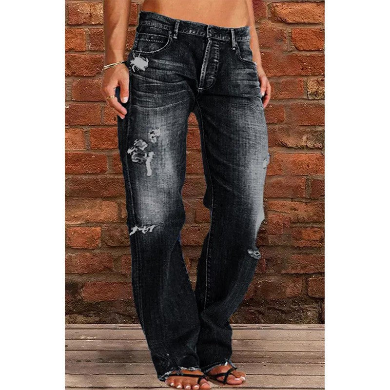 Silvia Denim Relaxed Fit Flared Jeans | Distressed Raw Hem Jeans