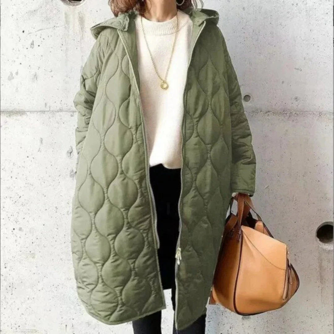 Isla Quilted Coat | Oversized Hooded Knee-Length Coat
