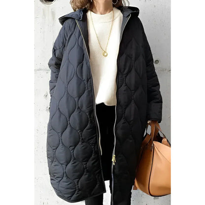 Isla Quilted Coat | Oversized Hooded Knee-Length Coat