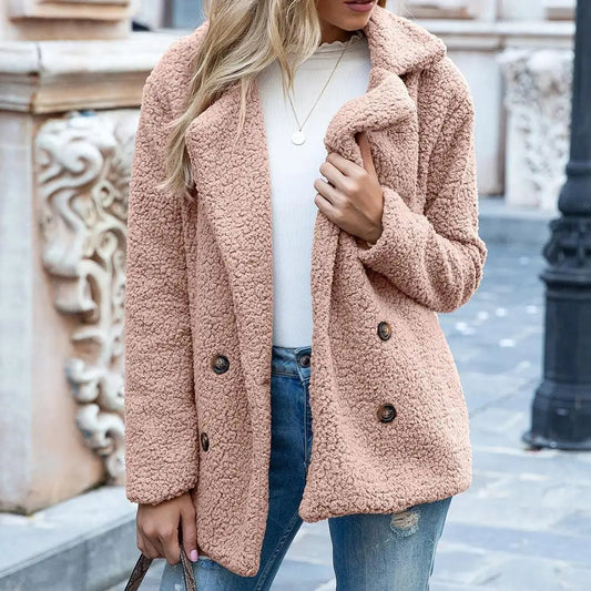 Sophia Fleece Double-Breasted Teddy Coat | Oversized Hip-Length Coat
