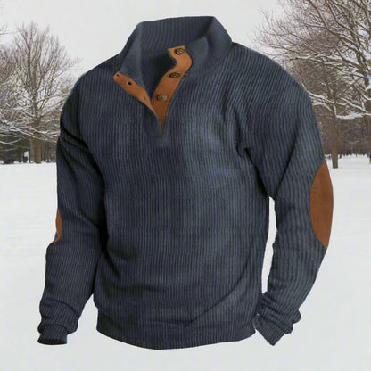 Tommy Wool Ribbed Button Front Sweater | Relaxed Fit Elbow Patch Sweater