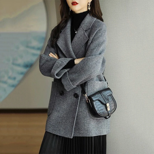 Amelia Wool Double Breasted Pea Coat | Tailored Herringbone Coat