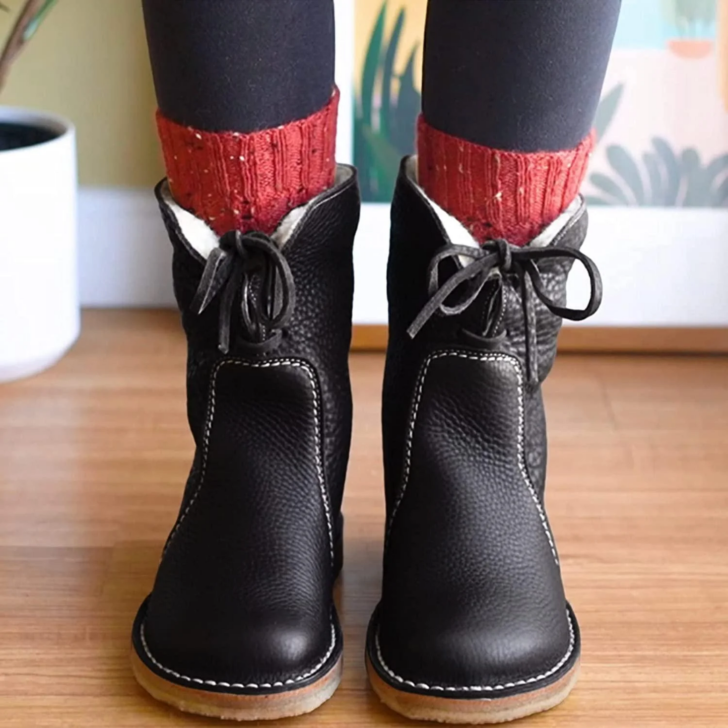 Amelia Leather Lace-Up Ankle Boots | Plush Lined Ankle Boots