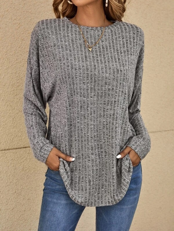 Veronica Cotton Ribbed Pullover Top | Relaxed Fit Curved Hem Top