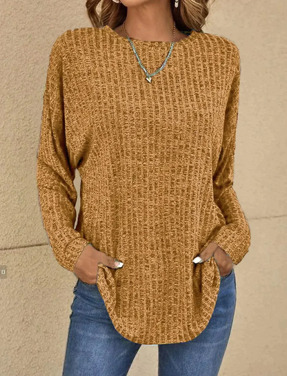 Veronica Cotton Ribbed Pullover Top | Relaxed Fit Curved Hem Top
