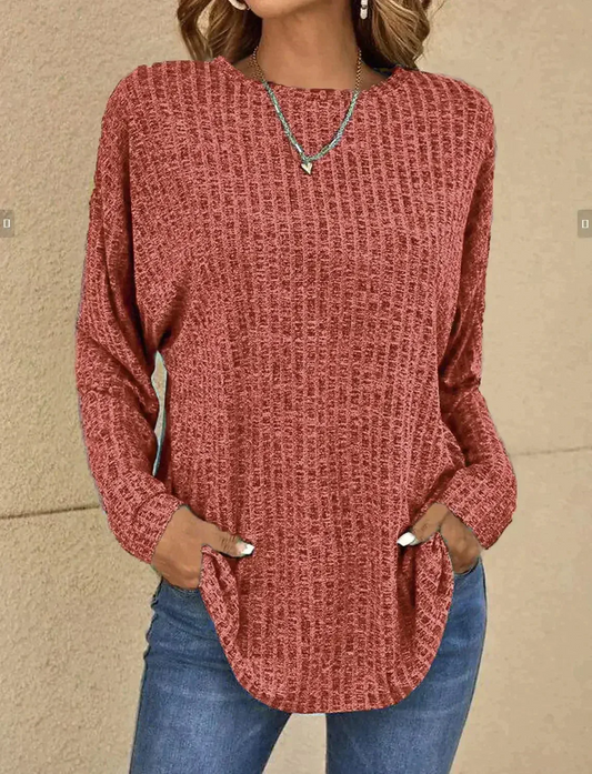 Veronica Cotton Ribbed Pullover Top | Relaxed Fit Curved Hem Top