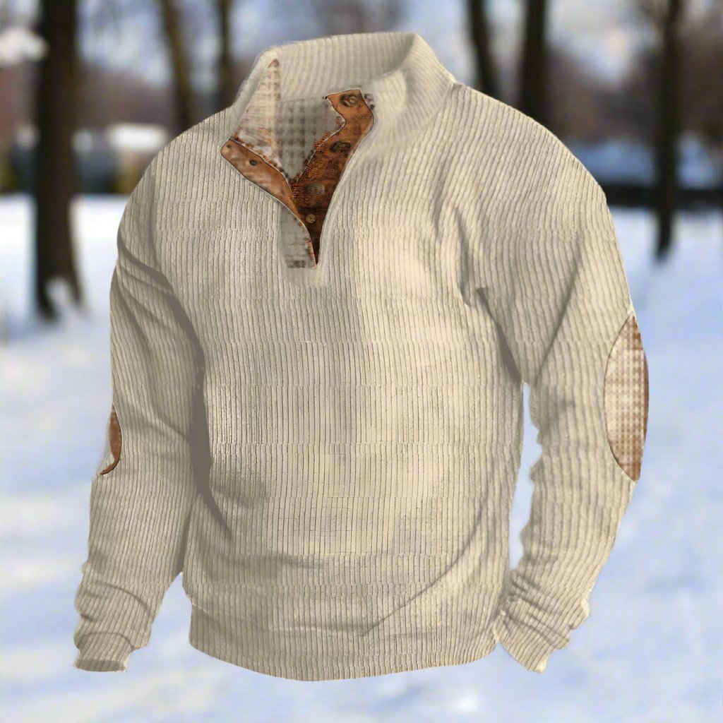 Tommy Wool Ribbed Button Front Sweater | Relaxed Fit Elbow Patch Sweater