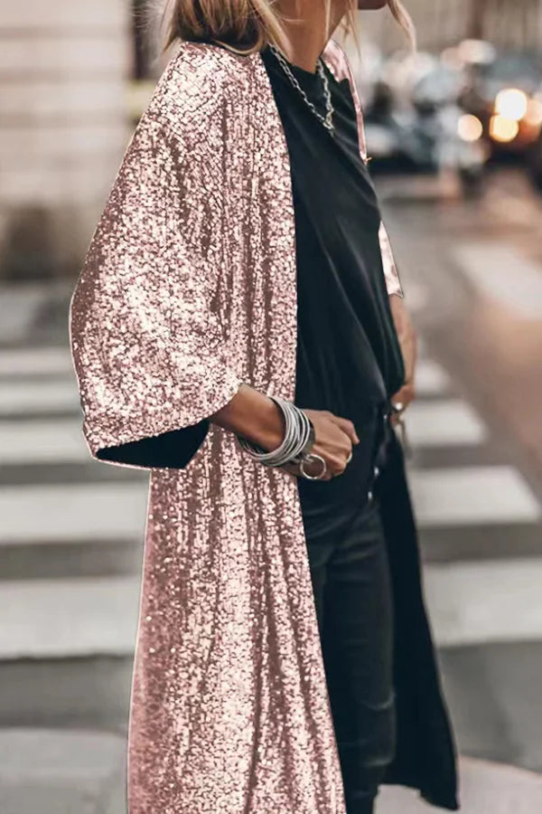 Gabriella Satin Sequin Embellished Duster Cardigan | Open Front Full-Length Cardigan