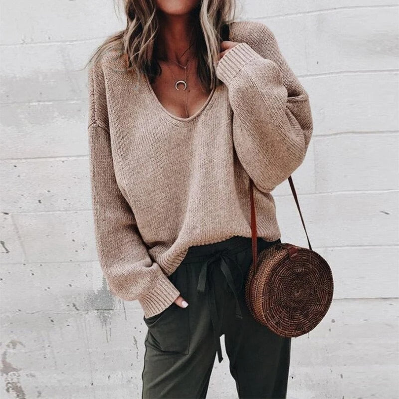 Francesca Wool Relaxed Fit Sweater | Deep V-Neck Long Sleeve Sweater