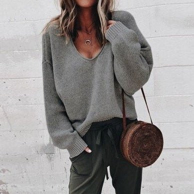 Francesca Wool Relaxed Fit Sweater | Deep V-Neck Long Sleeve Sweater