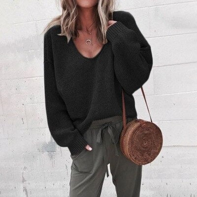 Francesca Wool Relaxed Fit Sweater | Deep V-Neck Long Sleeve Sweater