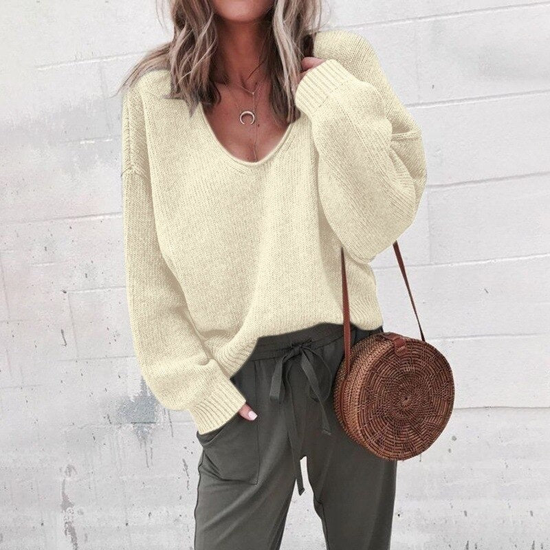 Francesca Wool Relaxed Fit Sweater | Deep V-Neck Long Sleeve Sweater