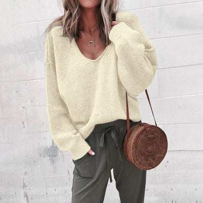 Francesca Wool Relaxed Fit Sweater | Deep V-Neck Long Sleeve Sweater