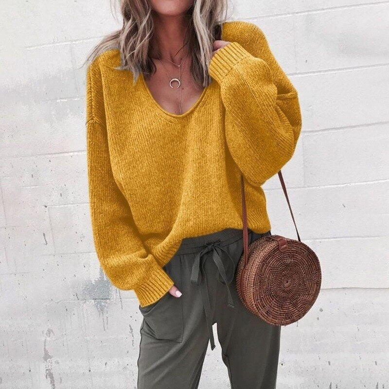 Francesca Wool Relaxed Fit Sweater | Deep V-Neck Long Sleeve Sweater