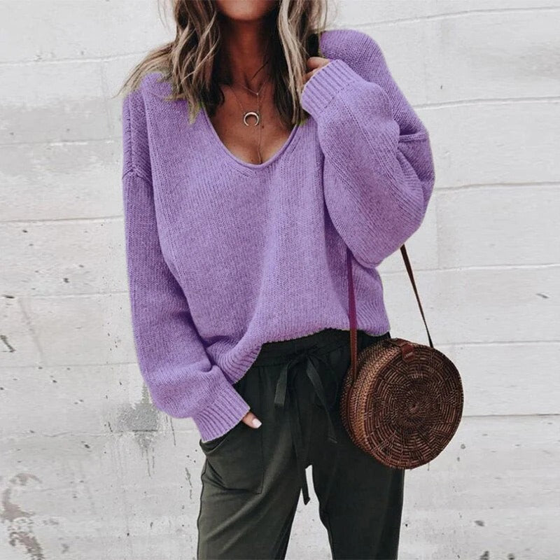 Francesca Wool Relaxed Fit Sweater | Deep V-Neck Long Sleeve Sweater
