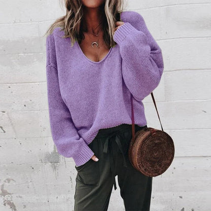 Francesca Wool Relaxed Fit Sweater | Deep V-Neck Long Sleeve Sweater