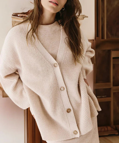 Francesca Wool Ribbed Button Front Cardigan | Relaxed Fit V-Neck Cardigan