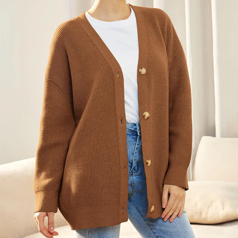 Francesca Wool Ribbed Button Front Cardigan | Relaxed Fit V-Neck Cardigan