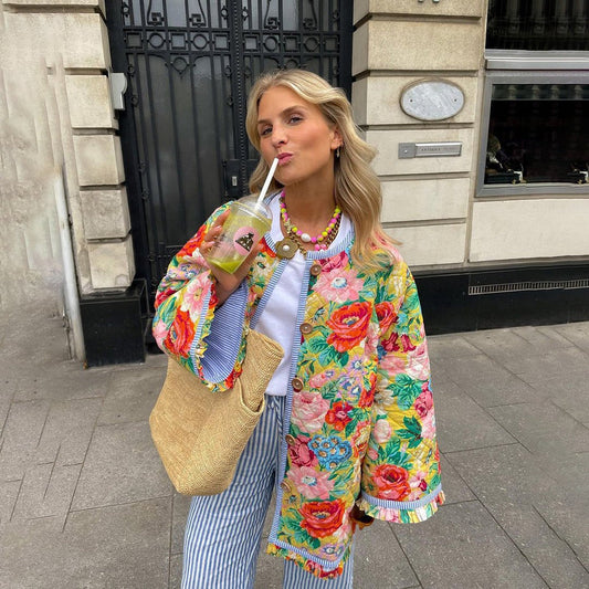 Isabella Cotton Quilted Jacket | Oversized Floral Button Jacket